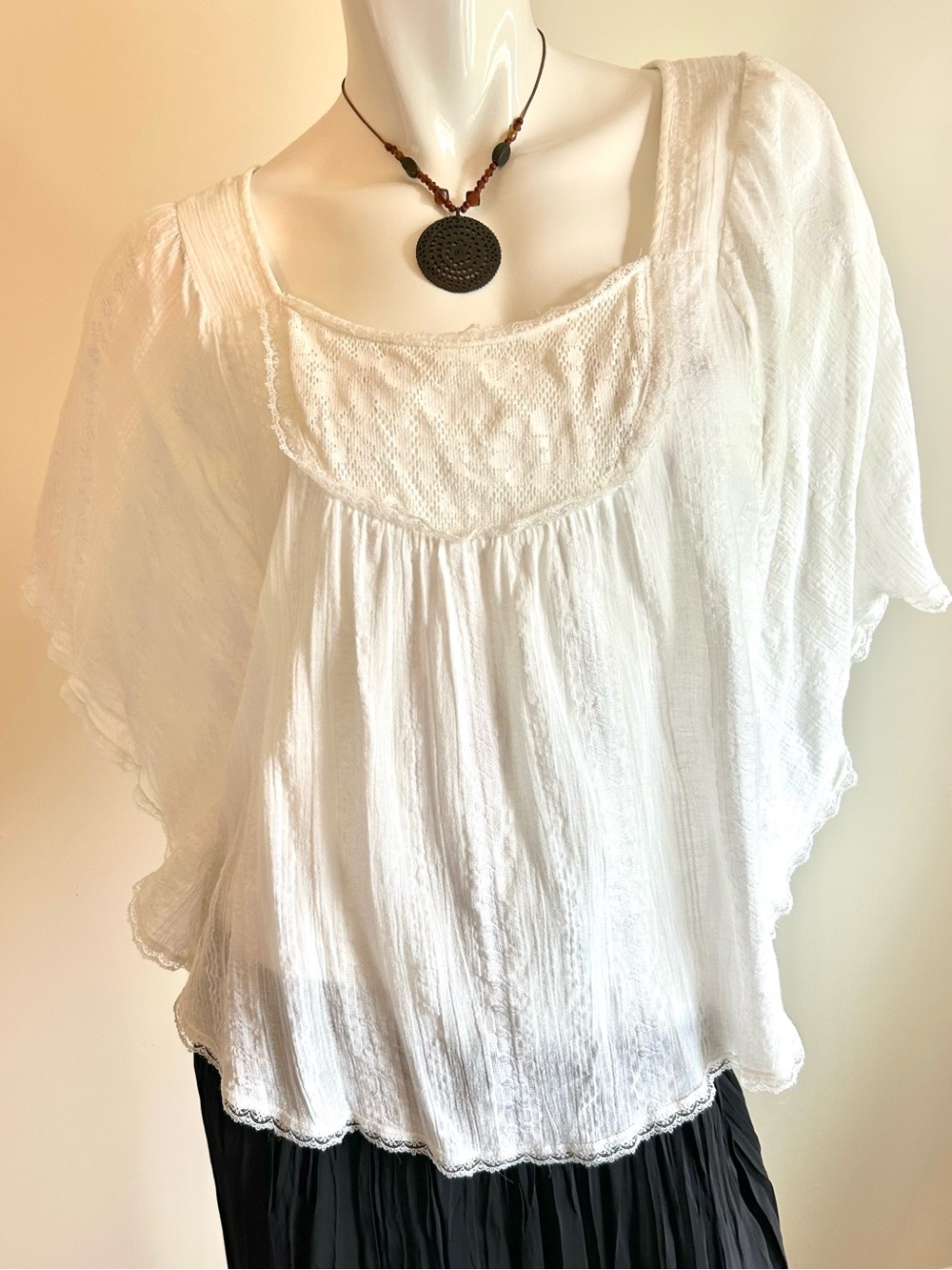 White Boho Peasant Top - Lightweight Cotton